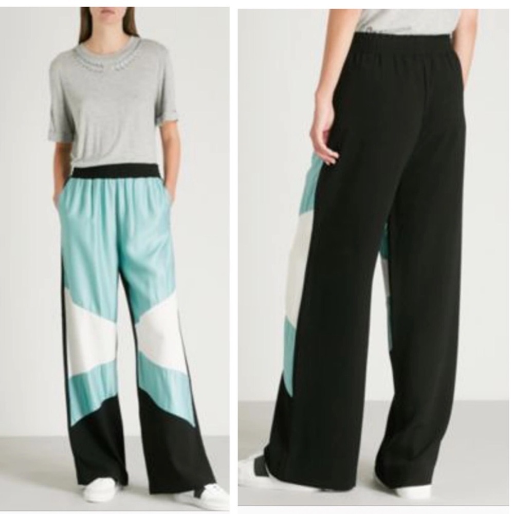 Maje Wide Leg Colour Block Satin Crepe S Trousers Drapey Multico PullOn Pockets